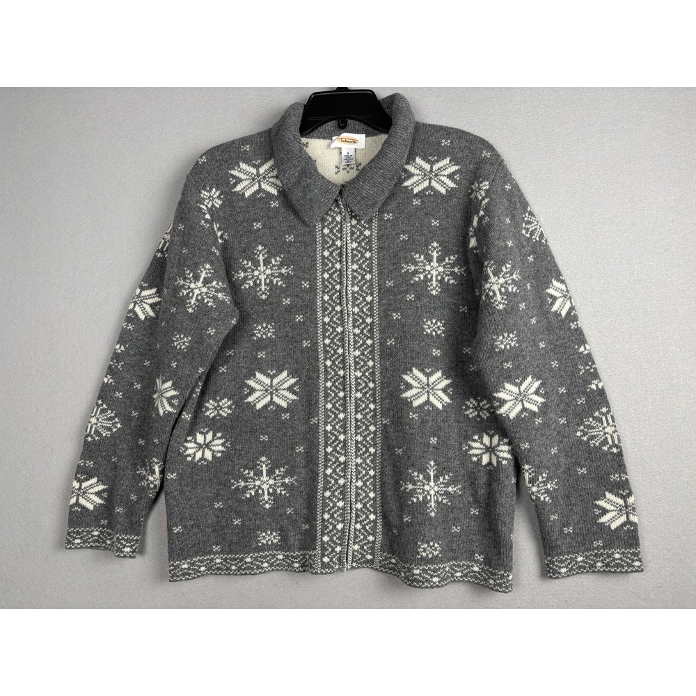 Talbots Sweater Womens Small Gray Wool Zip Front Snowflake Fair Isle Made Italy